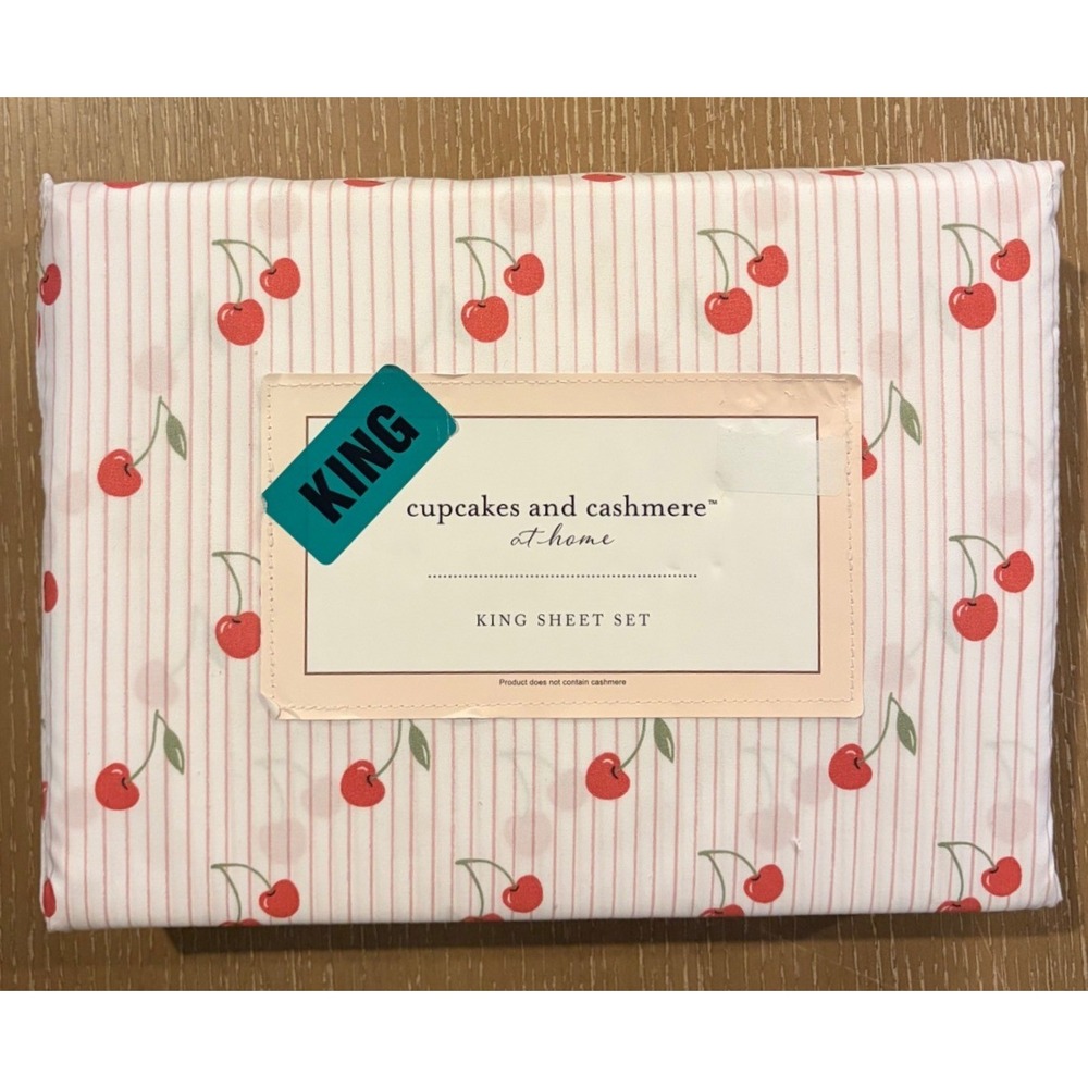 Cupcakes and Cashmere At Home King Sheet Set Pink Stripe Cherry Print Bedding
